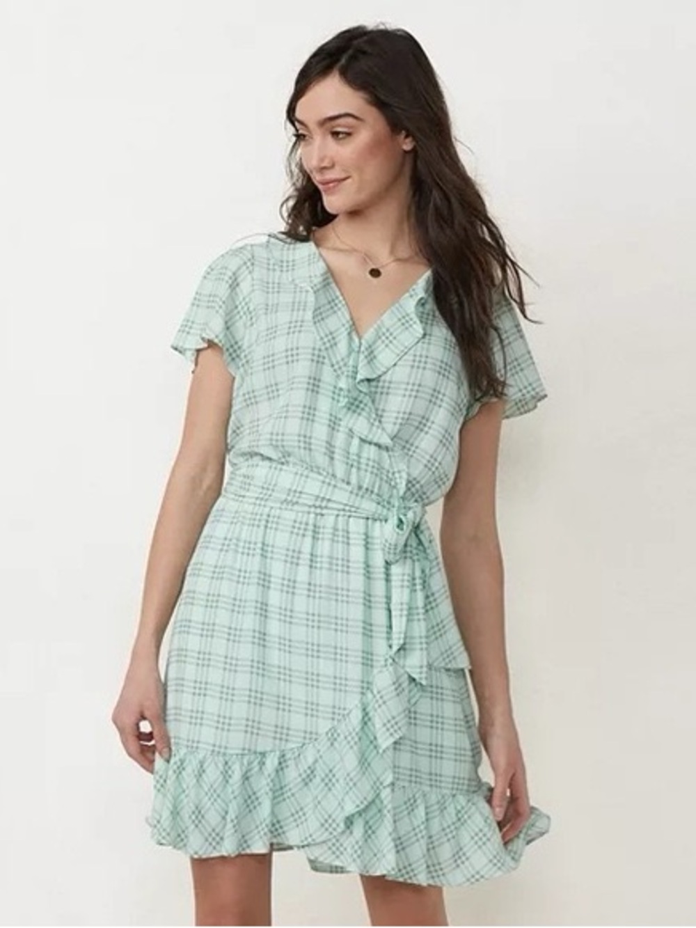 LC Lauren Conrad Mint Plaid Ruffle Wrap Mini Dress